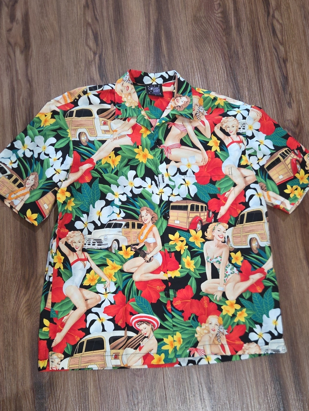 Vintage Pin Up Floral Hawaiian Shirt - Men Sz Large Cosmic Shirt Co USA Tourist